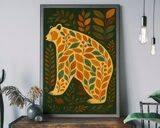 Folk Art Style Dark Green Bear Framed Art Print