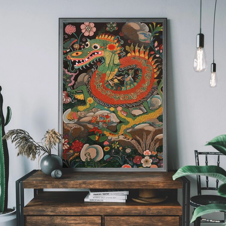 Folk Art Style Vintage Dragon Framed Art Print