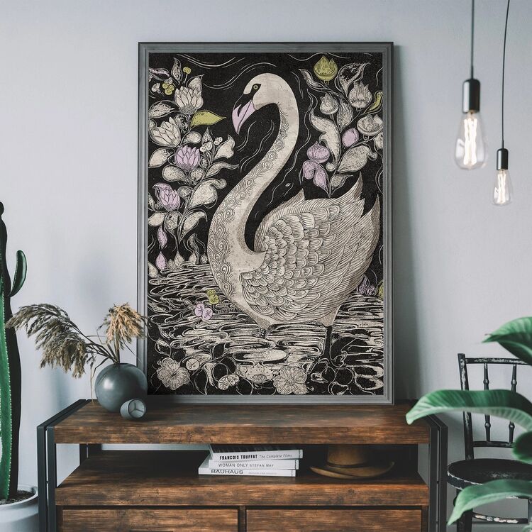 Folk Art Style Black and White Swan Framed Art Print