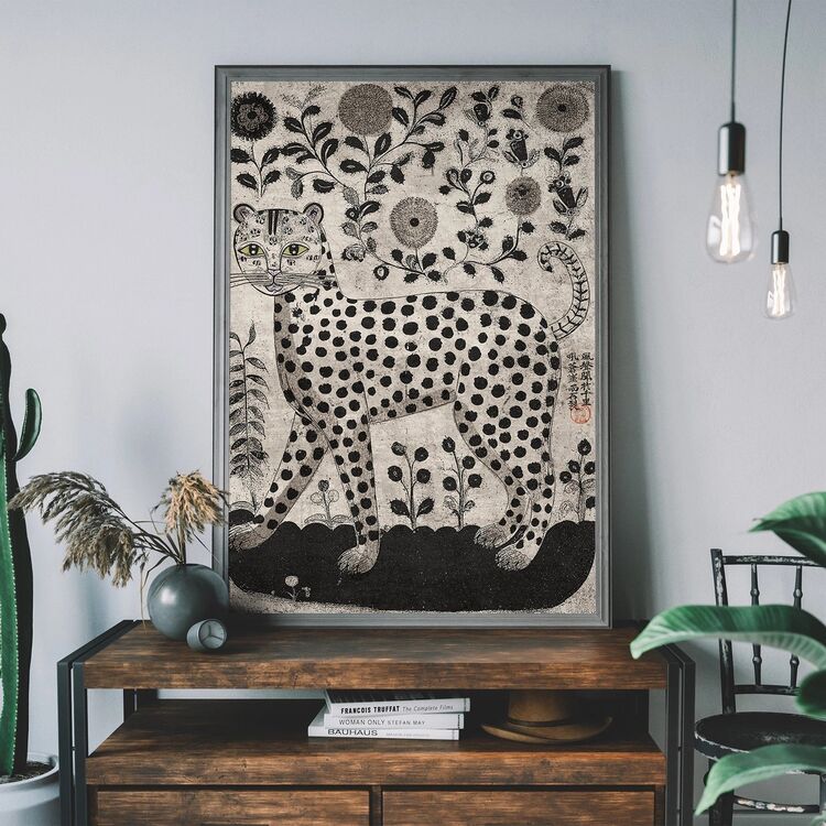 Folk Art Style Black and White Leopard Framed Art Print