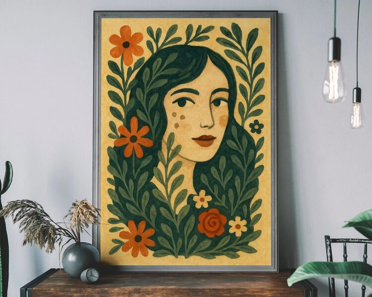 Folk Art Style Girl and Leaves Framed Art Print