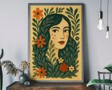 Folk Art Style Girl and Leaves Framed Art Print