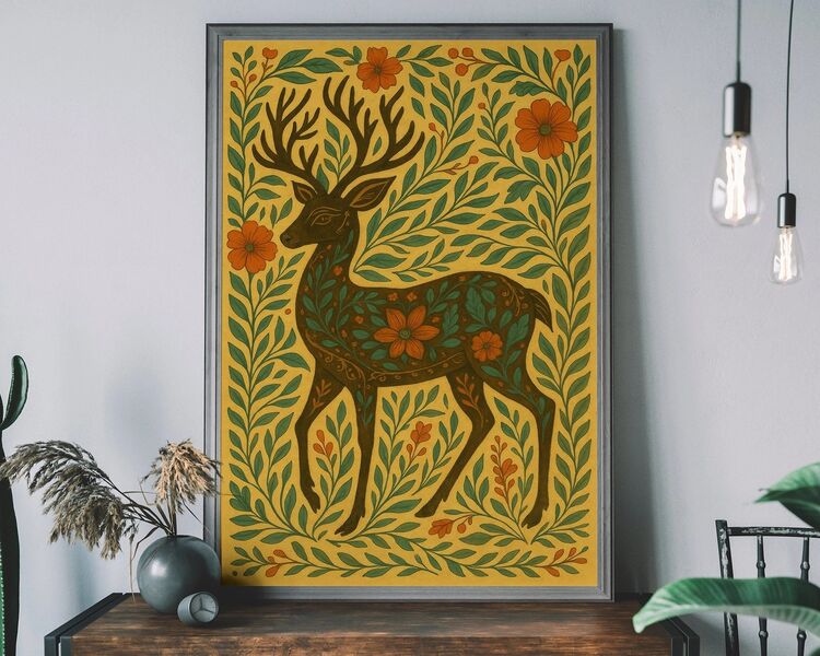 Folk Art Style Deer Framed Art Print