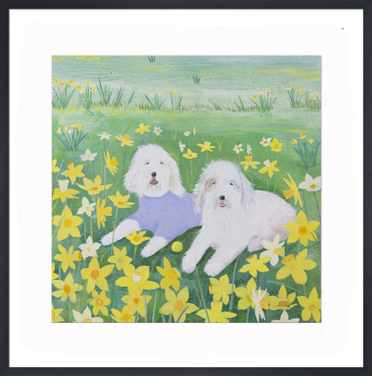 Dogs in Daffodils Framed Art Print by Hannah Cole