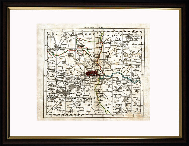 General Map of London and Surrounding Area Framed Art Print by John Cary