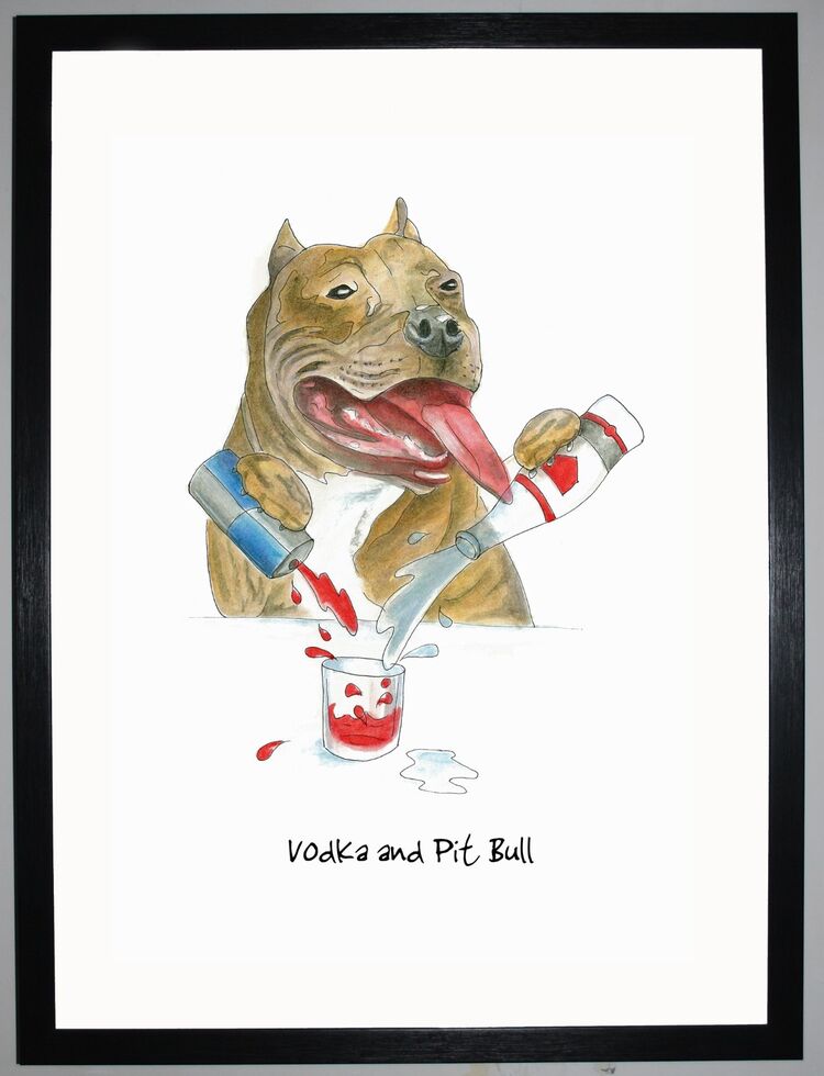 Vodka and Pitbull Framed Art Print By Clare Walton