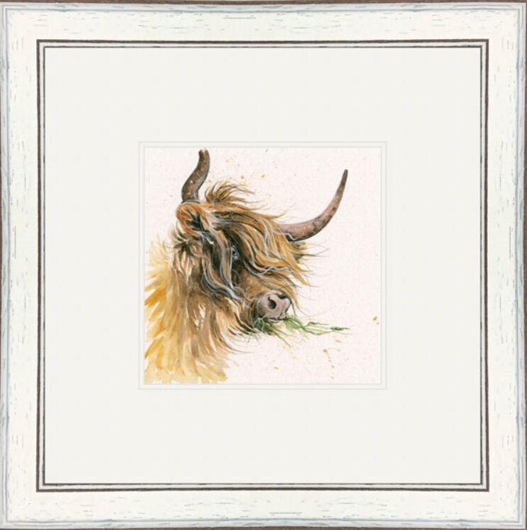 Green Tea (Highland Cow) - Farmyard Animals Framed Limited Edition Art Print by Kay Johns