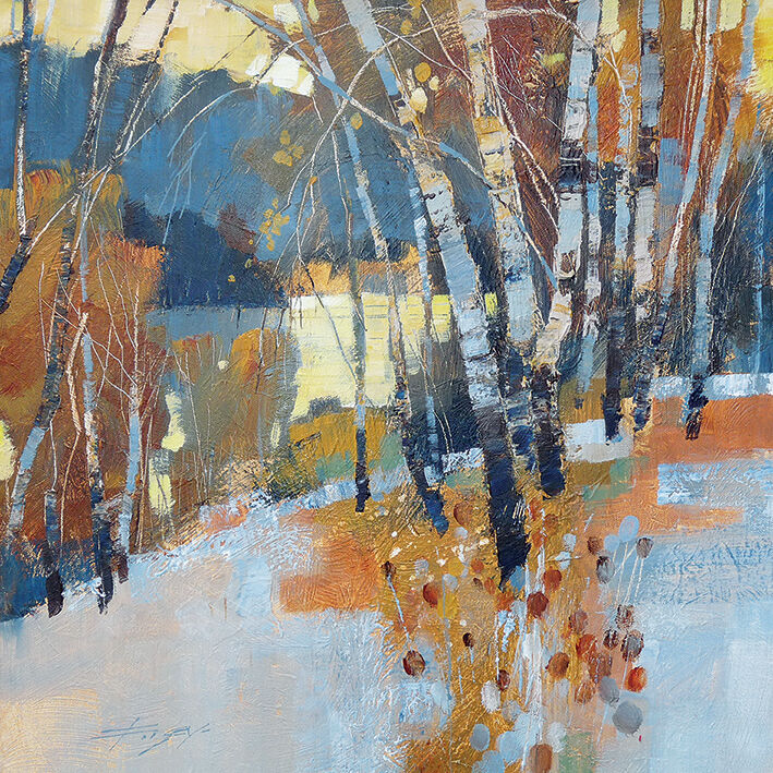 Birch, Frost and Winter Lake Canvas Art Print by Chris Forsey