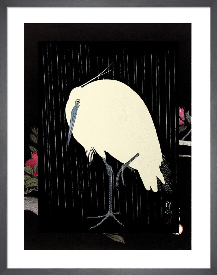 Egret in the Rain Framed Art Print by Ohara Koson