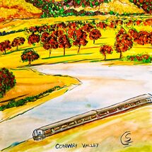 Conway valley, Golden age of Railway Posters Britain by train, Pro Marker on paper, landscape of mountains, lake with train running along the bank, A palette of golden hues, greens and brown applied