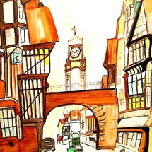 Chester Golden age of Railway Posters Britain by train, Nostalgic, Medieval Buildings, thatched roof, golden and amber hues, man walks across street in 1950s suit, car and bus from the same era