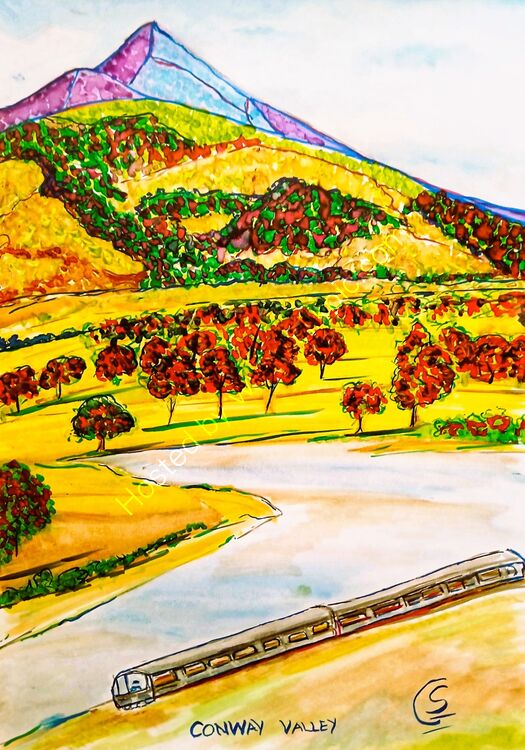 Conway valley, Golden age of Railway Posters Britain by train, Pro Marker on paper, landscape of mountains, lake with train running along the bank, A palette of golden hues, greens and brown applied