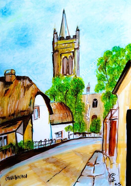 Picture of Melbourne in Cambridgeshire, thatched cottage with church in the background, made in amber golden colours against light blue azure sky. Inspired by the Golden age of Railway posters style.