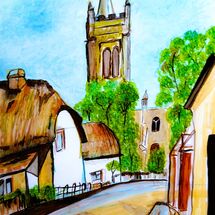 Picture of Melbourne in Cambridgeshire, thatched cottage with church in the background, made in amber golden colours against light blue azure sky. Inspired by the Golden age of Railway posters style.