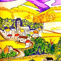 Scene in Yorkshire Dales of small village. Surrounded by fields of green and yellow tones, style is inspired by the Golden age of Railway Posters