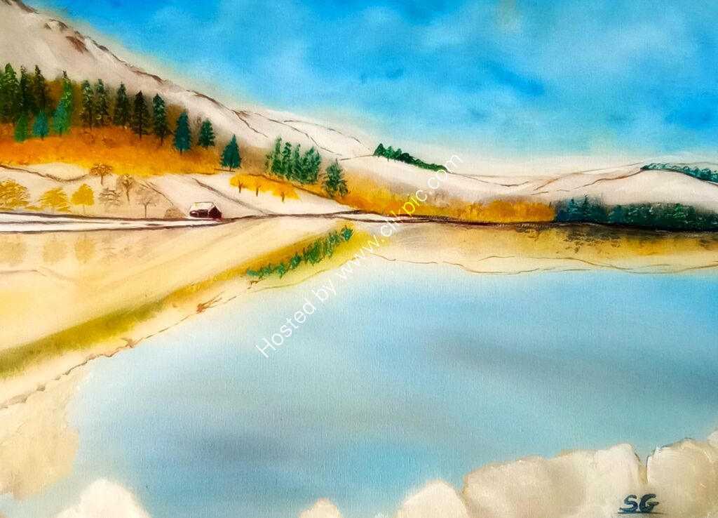 Snowy Winter Landscapes of a lake and mountains