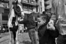 Boy walks through Smithfield Horse Fair, horse in the background