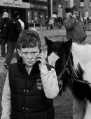 Boy talks on the phone with his horse behind him