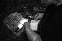 Man writes down to the notebook the text from the old German tombstone