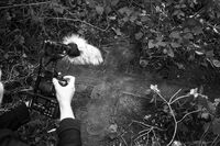 Unearthed metal cross is being filmed with a camera with a fluffy microphone