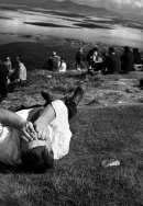 Croagh Patrick pilgrim rest on the grass with Clew Bay in the distance