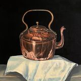 An oil painting of a shiny copper kettle on a white tablecloth