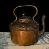 An oil painting of a tarnished and battered copper kettle on a white tablecloth