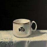 An oil painting of a white china coffee cup on a white embroidered tablecloth set against a black background
