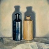 An oil painting of two vintage bottles in a spotlight