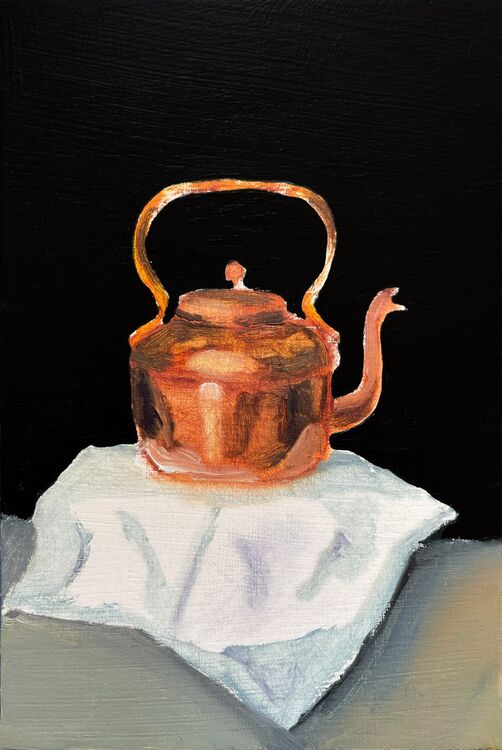 An oil painting of a bright orange kettle