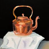 An oil painting of a bright orange kettle
