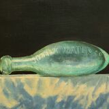 An oil painting of a green glass bottle lying on its side on a white tablecloth
