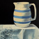 An oil painting of a blue and white striped jug on a white tablecloth