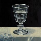 An oil painting of a cut crystal antique port glass on a white tablecloth