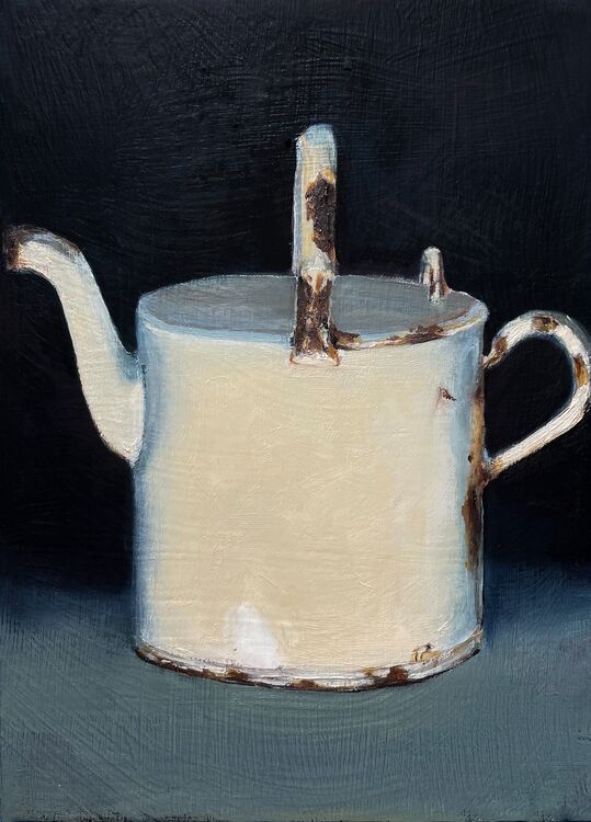 An oil painting of a white watering can on a black background