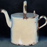An oil painting of a white watering can on a black background