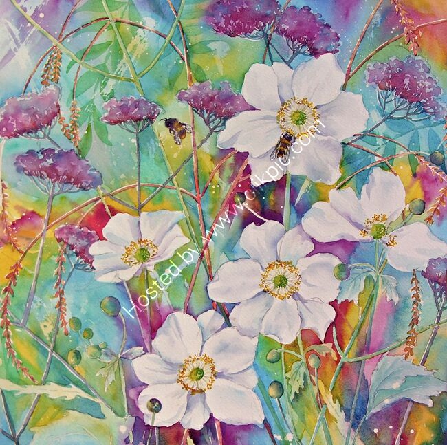 Japanese Anemones & Bee
