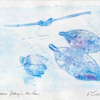 Blue Leaves falling in the rain. Monoprint.
