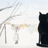 Cat in the window. Mixed media.