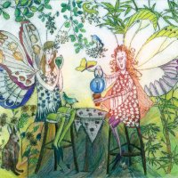 Fairy T Party. Drypoint print, hand-coloured.