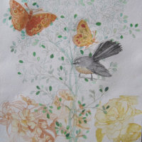 Fantail in the Garden. Multiple drypoint print.