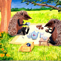 Hedgehogs Tea Party. Painting on canvas.