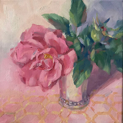 Oil painting pink rose in silver beaker