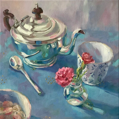 Oil painting silver teapot mug and pink carnations