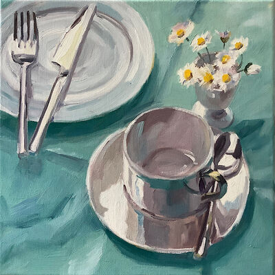 Oil painting coffee cup plate cutlery