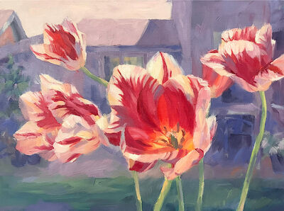 Oil painting backlit tulips red stripe