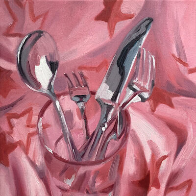 Oil painting silver cutlery on pink star cloth