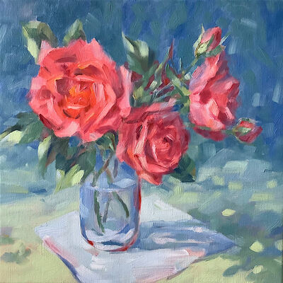 Oil painting Pink red roses in jar against blue background