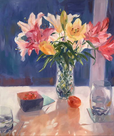 Oil painting colourful lilies in vase against window