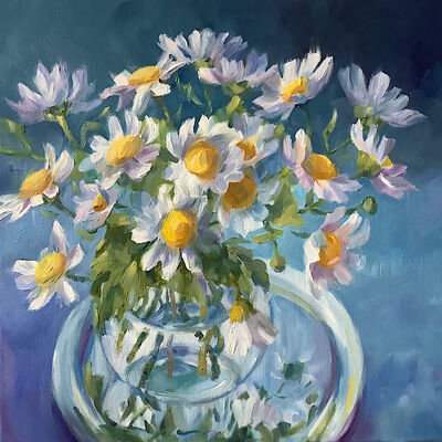 Oil painting feverfew on silver coaster